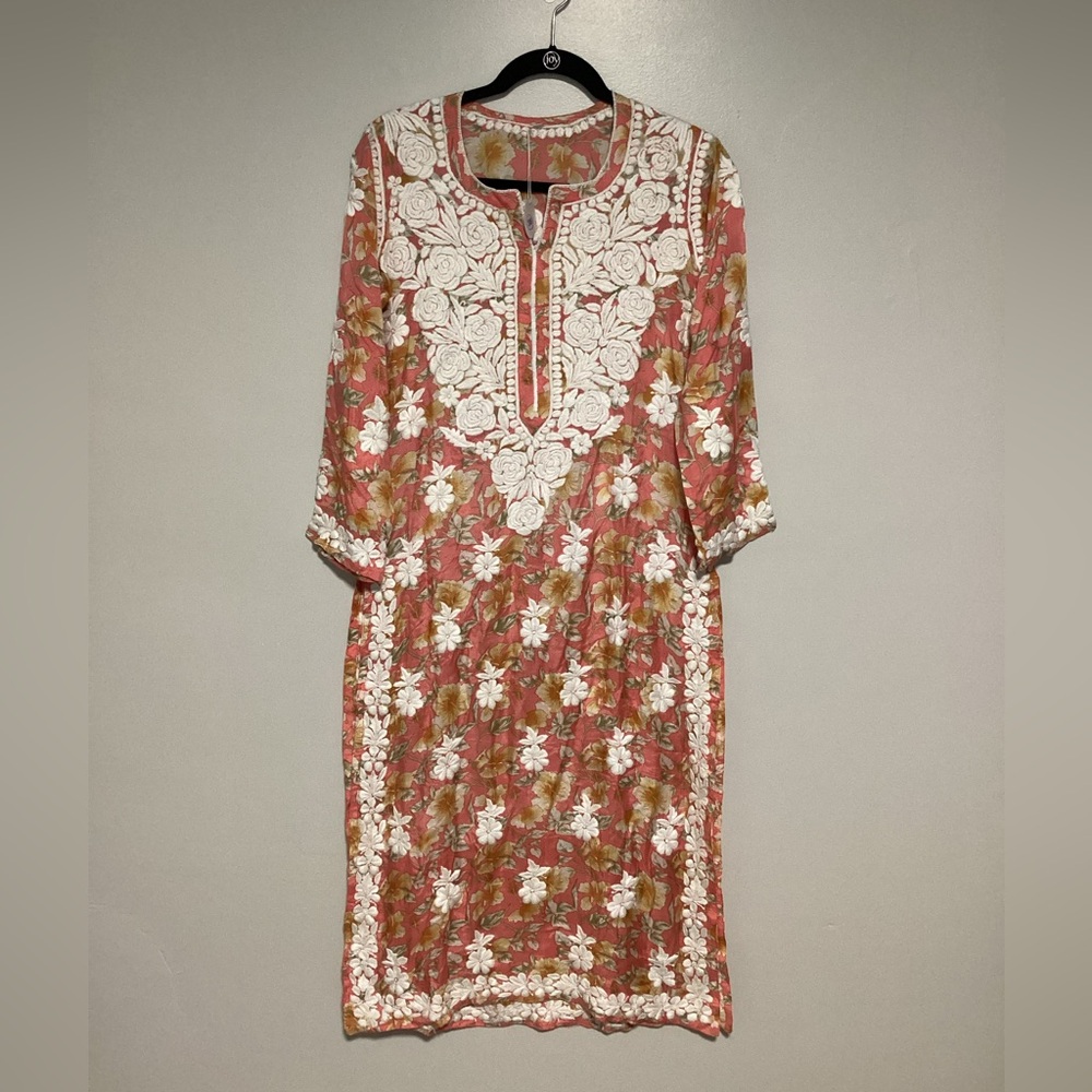 Handmade Women Dress Embroidered Flowers Old Rose Maxi Split Floral Square Neck